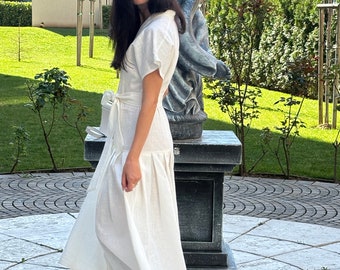 White dress, Linen Dress, Summer Midi linen Dress, Classic Linen Dress For Women, Simple Linen Dress Plus Size