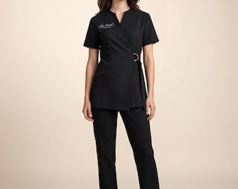 Luxurious healthcare professional tunic and trousers with embroidery, ideal for spa therapists, cosmetic salons.
