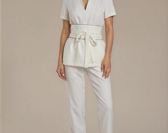 Luxury White Spa Uniform Set for Estheticians | Élevé Wrap Tunic & Pants | Beige Detail Wellness Clinic Apparel | Designer Professional Wear