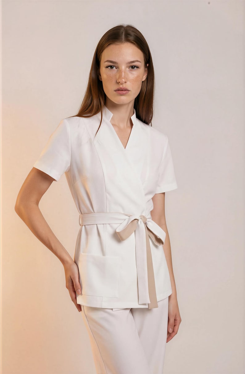 Ivory Uniform Set With Wrap Belt, Luxury Esthetician Outfit, Beauty ...
