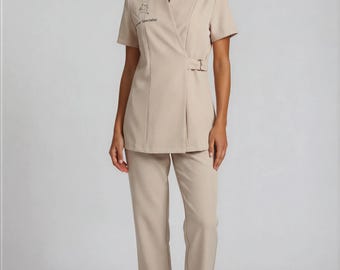 Personalized Spa Uniform Set with Logo or Name Embroidery, Beige Esthetician Outfit, Beauty Salon Uniform, Medical Spa Clothing