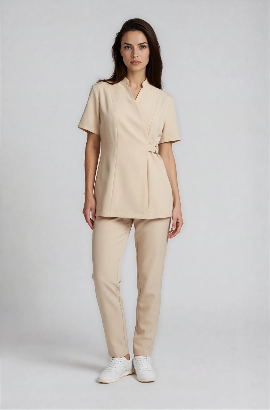 Beige Spa Uniform With Gold Ring Closure Luxury Esthetician Outfit beige-spa-uniform-with-gold-ring-closure-luxury-esthetician-outfit