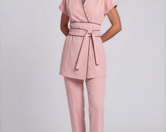 Aura Signature Wrap Set | Powder Blush Spa Uniform with Brown Trim | Luxury Esthetician & Beauty Salon Uniform