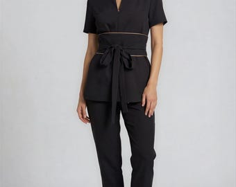 Luxury Black Spa Uniform Set for Estheticians | Milano Wrap Tunic & Tapered Pants Set | Wellness Clinic Apparel | Designer Professional Wear