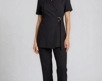 Luxury Black Spa Uniform Set for Estheticians | Milano D-Ring Wrap Tunic & Pants Set | Wellness Clinic Apparel | Designer Professional Wear