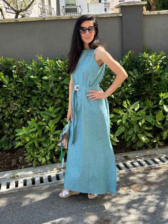 Linen Midi Dress, Turquoise Summer Dress with Tie Waist