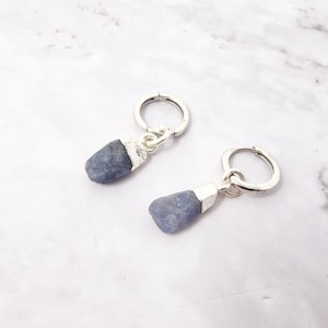 Raw Sapphire Sterling Silver Round Huggies, Mini Crystal Hoop Earrings, Gemstone Hoops, September Birthstone Earrings, September Gift