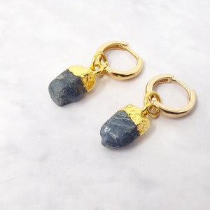 Raw Sapphire September Birthstone Gold Plated Huggies, Natural Cut Gemstone Huggie Hoops, Mini Blue Gemstone Crystal Earrings For Her