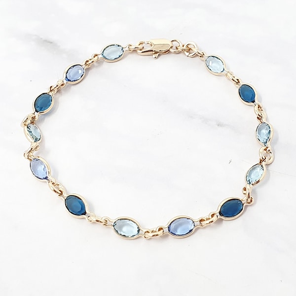 Bracelet multi-pierres précieuses Vermeil en or 18 carats, bracelet en pierre gemme bleu ciel coloré, bracelet en pierre multicolore, chaîne en cristal de déclaration