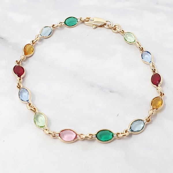 Bracelet multi-pierres précieuses Vermeil en or 18 carats, bracelet en pierres précieuses colorées, bracelet en pierre de naissance arc-en-ciel, bracelet en cristal multicolore