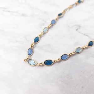 18ct Gold Vermeil Multi Gemstone Necklace Colourful Sky Blue Gem Stone Necklace, Mulitcolour Stone Necklace, Statement Crystal Chain