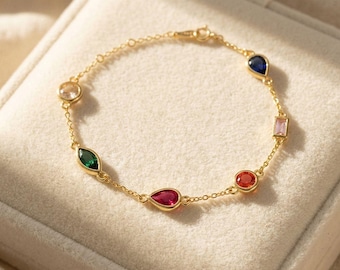 Geometric Multicolour Stone Sterling Silver Bracelet, 18ct Gold Plated Multi Coloured Gemstone Rainbow  Colourful Gem Stone Crystal Bracelet