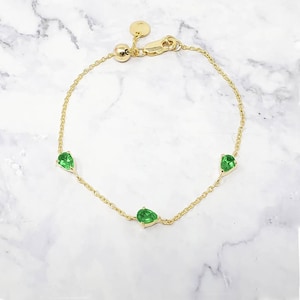 Emerald May Birthstone Gold Vermeil Plated Adjustable Bracelet | Green Gemstone Crystal Bracelet | Minimalist Dainty Emerald Gem Bracelet