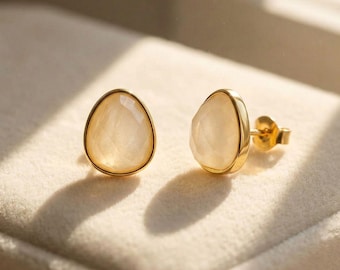 Fiery Moonstone Pear Shaped Stud Gold Plated Earrings | June Birthstone Jewellery | Dainty Moonstone Studs | Gift for Her