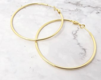 18k Gold Plated Statement Hoops, Large Round Earrings 50mm, Trendy Hoops, Dainty Minimalist Jewellery, Simple Stylish Everyday Hoop Earrings