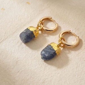 Raw Sapphire September Birthstone Gold Plated Huggies, Natural Cut Gemstone Huggie Hoops, Mini Blue Gemstone Crystal Earrings For Her