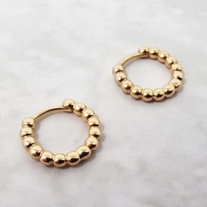 18ct Gold Vermeil Huggie Hoop Earrings, Small  Beaded Hoops, Mini Hoops, Dainty Minimalist Jewellery, Simple Skinny Tiny Boho Earrings 12mm