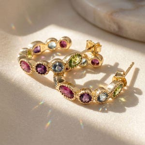 18ct Gold Vermeil Multi Gemstone Earrings, Colourful Gem Stone Earrings, Minimalist Rainbow Earrings, Multicoloured Crystal Earrings