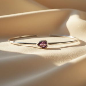 July Birthstone Bangle - Minimalist Silver Pink Ruby Bracelet for Sophisticated Elegance - Timeless Touch of Style and Birthstone Beauty