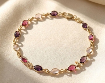 Radiant Gold Plated Multi Gemstone Bracelet, Colourful Gem Stone Bracelet, Multicoloured Rainbow Pink Purple Birthstone Crystal Bracelet