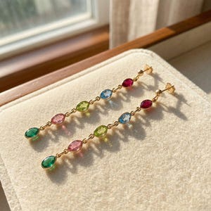 18ct Gold Vermeil Multi Gemstone Earrings, Colourful Gem Stone Drop Earrings, Rainbow Multicoloured Crystal  Birthstone Dangle Earrings