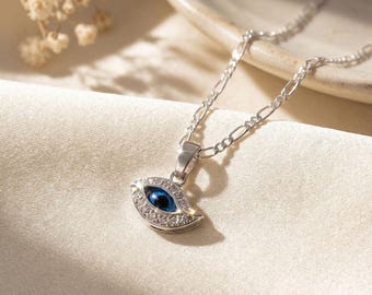 Collar minimalista de plata de ley con dije de ojo malvado, collar con dije de protección, delicado collar de ojo con piedra, cadena con dije de ojo malvado