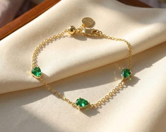 Emerald May Birthstone Gold Vermeil Plated Adjustable Bracelet | Green Gemstone Crystal Bracelet | Minimalist Dainty Emerald Gem Bracelet
