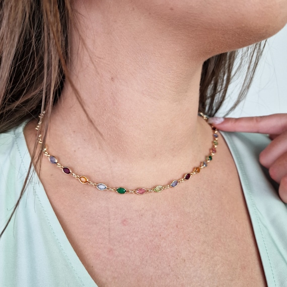 Multi Coloured Natural Gemstone Necklace in 9K Yellow Gold