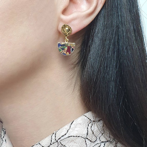 Boucles D'oreilles Anciennes Années 1930 – Rubis, Saphir, émeraude – Plaqué Or – Style Puces/clous – Occasion