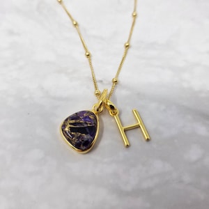 Collar con inicial de amatista (piedra de nacimiento de febrero) bañado en oro vermeil de 18 quilates, cristal curativo de amatista, joyería con piedras preciosas, regalo de joyería con piedra de nacimiento.