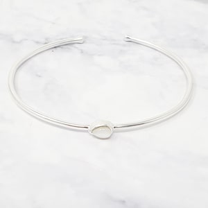 June Birthstone Bangle - Minimalist Silver White Pearl Bracelet for Sophisticated Elegance - Timeless Touch of Style and Birthstone Beauty