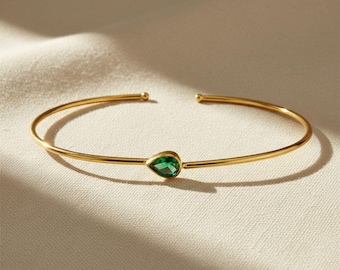 Gold Plated Minimalist Emerald May Birthstone Bangle, Green Gemstone Crystal Everyday Bracelet, May Birthday  Gift, Dainty Gem Jewellery