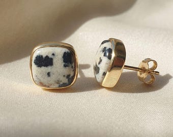 Dalmatian Jasper Earrings | Natural Jasper Stone | 18k Gold Plated  Stud Earrings | Black And White Earrings |  Gift For Mum or Girlfriend
