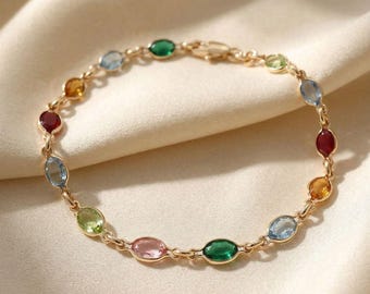 18ct Gold Plated Multi Gemstone Bracelet, Colourful Gem Stone Bracelet, Rainbow Birthstone Bracelet, Multicoloured Crystal Bracelet