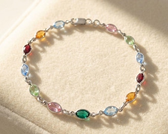 Sterling Silver Multi Gemstone Bracelet, Colourful Gem Stone Bracelet, Rainbow Birthstone Bracelet, Multicoloured Crystal Bracelet
