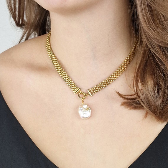 18ct Gold Vermeil Large Baroque Pearl Necklace, June Birthstone Mesh  Necklace, Gold Adjustable Crystal Necklace, Thick Chain Gem Necklace - Etsy