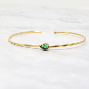 Gold Plated Minimalist Emerald May Birthstone Bangle, Green Gemstone Crystal Everyday Bracelet, May Birthday  Gift, Dainty Gem Jewellery