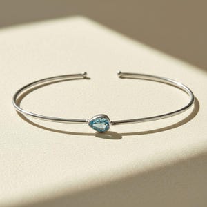 March Birthstone Bangle - Elegant Minimalist Design with Genuine Aquamarine - Sterling Silver Bracelet for a Subtle and Stylish Look