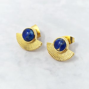 Sapphire September Birthstone Gold Plated Fan Earrings, Sapphire Small Stud, Mini Sapphire Gemstone Crystal Jewellery, September Gift