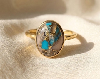 Statement Opal Turquoise Gemstone Gold Vermeil Ring | Bold Opal Turquoise Ring | Unique Gold Statement Ring | Gemstone Jewellery Gift