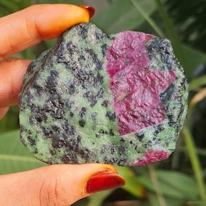 Peut inclure: Une pierre précieuse brute de zoïsite et de rubis. La pierre présente un mélange de couleurs vives, avec une grande tache de rubis rouge profond contrastant avec une matrice de zoïsite verte et noire mouchetée. La pierre est tenue dans une main.
