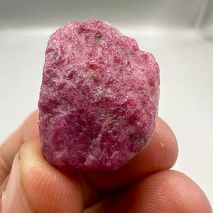 May include: A raw, uncut ruby gemstone with a deep pinkish-red hue. The natural stone has a textured surface and irregular shape, showcasing its raw, unpolished state. The ruby is held in a hand.