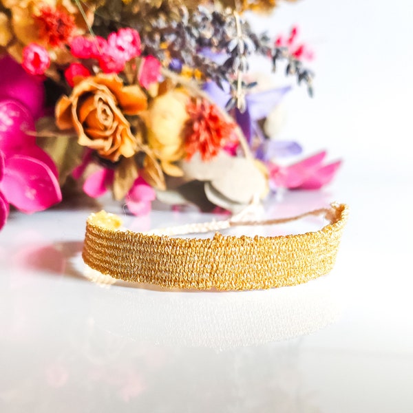 Woven minimalist bracelet,  Metallic thread braided bracelet,  Fiber bracelet, Gold stacking bracelet, skinny bracelet, bridesmaid bracelet