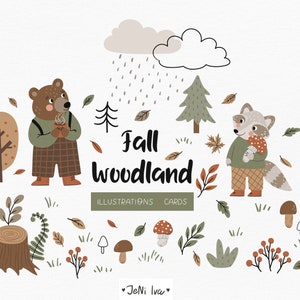Clipart vectoriel forestier d'automne - cartes d'automne - clipart saisonnier - étiquettes de vacances - illustrations pour enfants