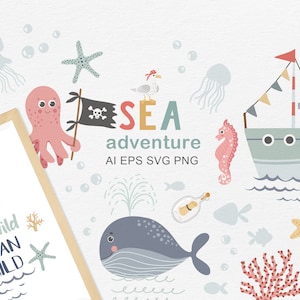 Collezione SEA Adventure Kids: set di clipart vettoriali disegnate a mano, pirati, pesci, coralli, barche, animali marini e altri elementi di design.
