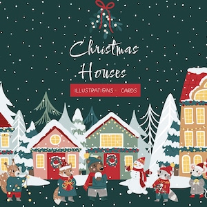 Clipart vettoriali delle case di Natale - Cartoline di Natale - Tag delle vacanze - Clipart delle case - Messaggi di Natale - Calendario dell'Avvento
