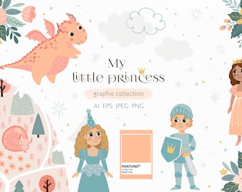 My Little Princess is a collection of hand-drawn clipart elements including cute princesses and princes, castles, dragons and more.