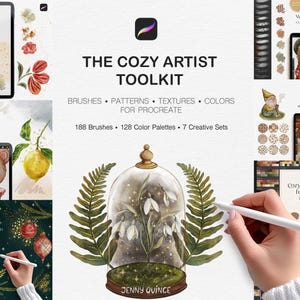 May include: A digital art toolkit for Procreate titled The Cozy Artist Toolkit, featuring 188 brushes, 128 color palettes, and 7 creative sets. The display includes various tablet screens showing watercolor illustrations, patterns, and color swatches.