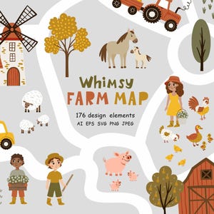Clipart de mapa de granja caprichoso: lindo conjunto vectorial dibujado a mano con animales, edificios y campos