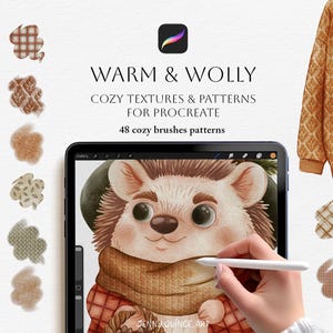 Puede incluir: Suministros de arte digital para Procreate, con texturas y patrones acogedores. La imagen incluye una tableta que muestra una ilustración de erizo, un suéter y varias muestras de trazos de pincel. El texto dice "Warm & Wolly: Cozy Textures & Patterns for Procreate."